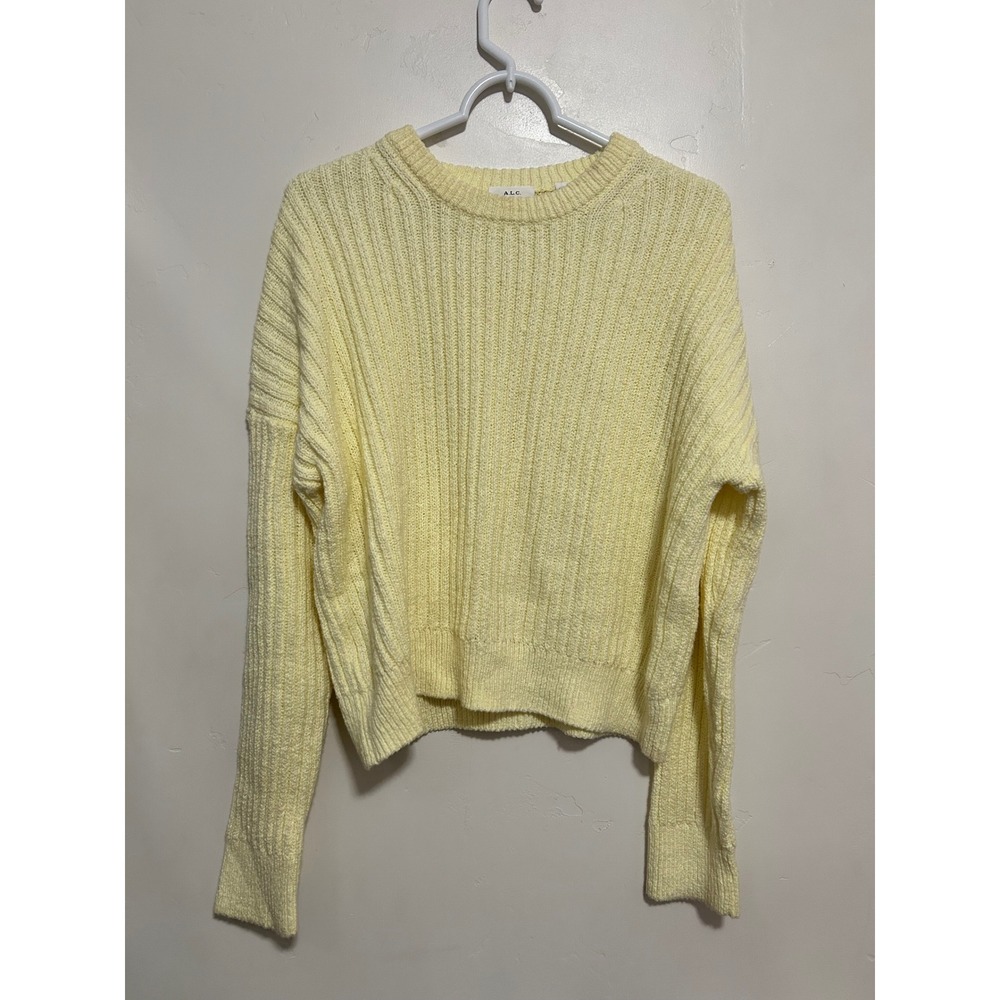 ALC Women Pale Yellow Ribbed Cotton Knit Crew Neck Sweater Medium